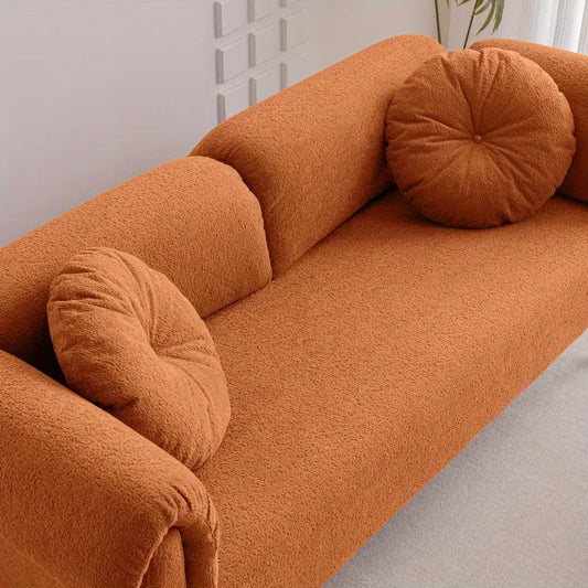 Modern Terracotta Bouclé Fabric 2-Seater Sofa with Rolled Armrests & Round Cushions
