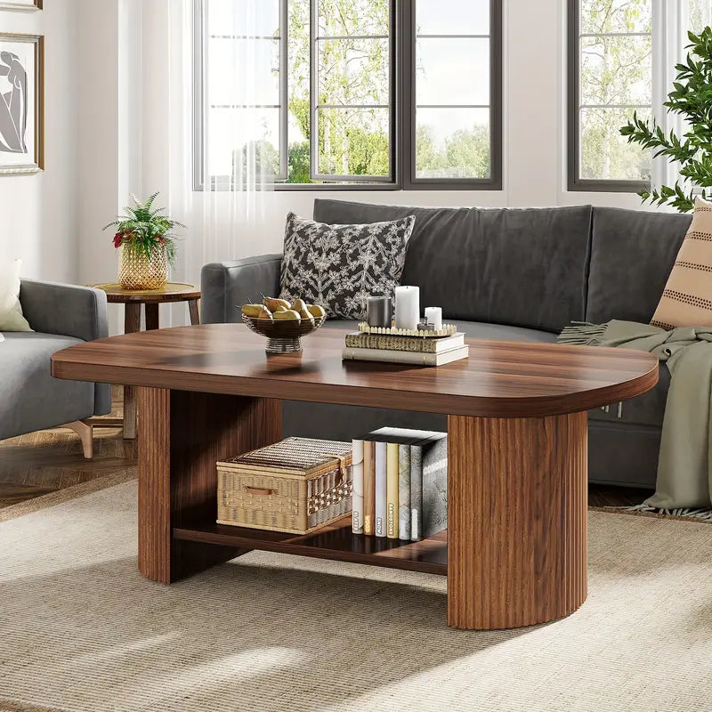 Wannacart Modern Walnut Coffee Table – Oval Edge Center Table with Storage Shelf
