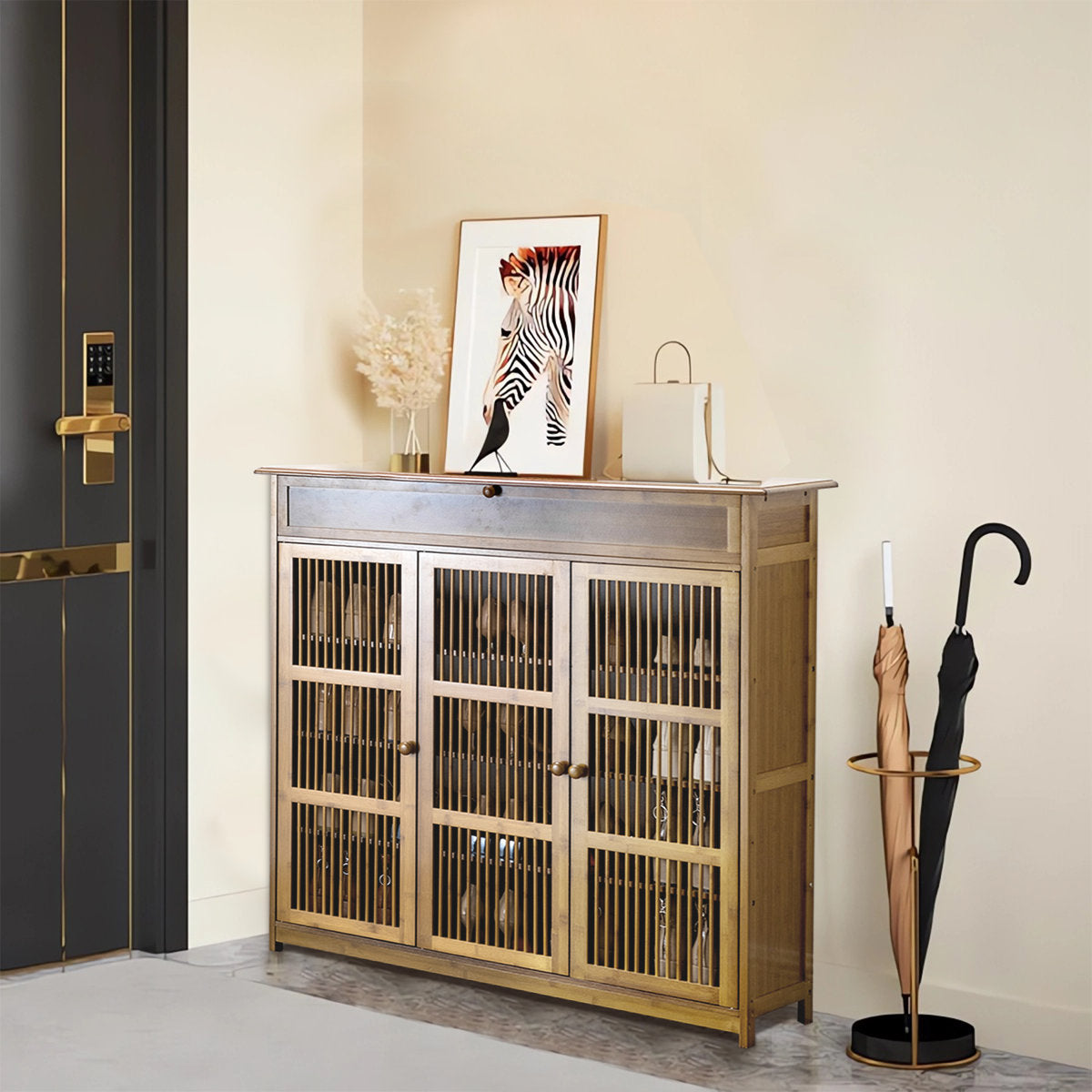 Vintage Wooden Shoe Cabinet with Slatted Doors – 3-Door Storage Rack (99×33×98 cm)