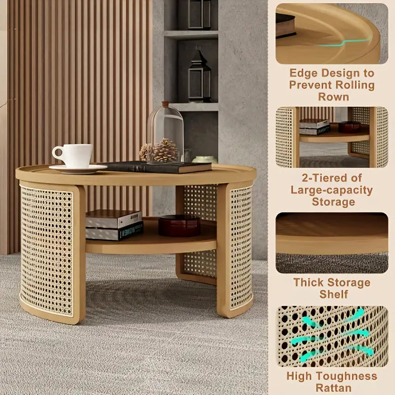 Round Wooden Coffee Table with Rattan Cane Detailing – Natural Finish | by Wannacart