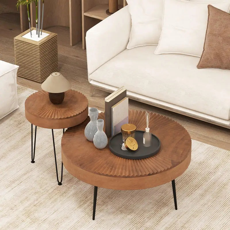 Wannacart Designer Round Coffee Table Set – Textured Wooden Top with Metal Legs (Modern Dual Table Combo)