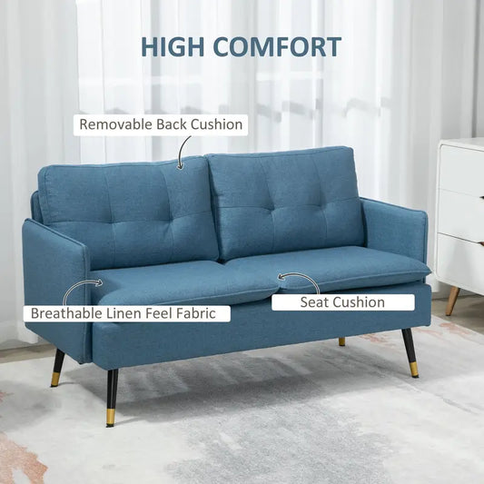 Compact 2-Seater Modern Blue Fabric Sofa with Cushioned Backrest & Gold