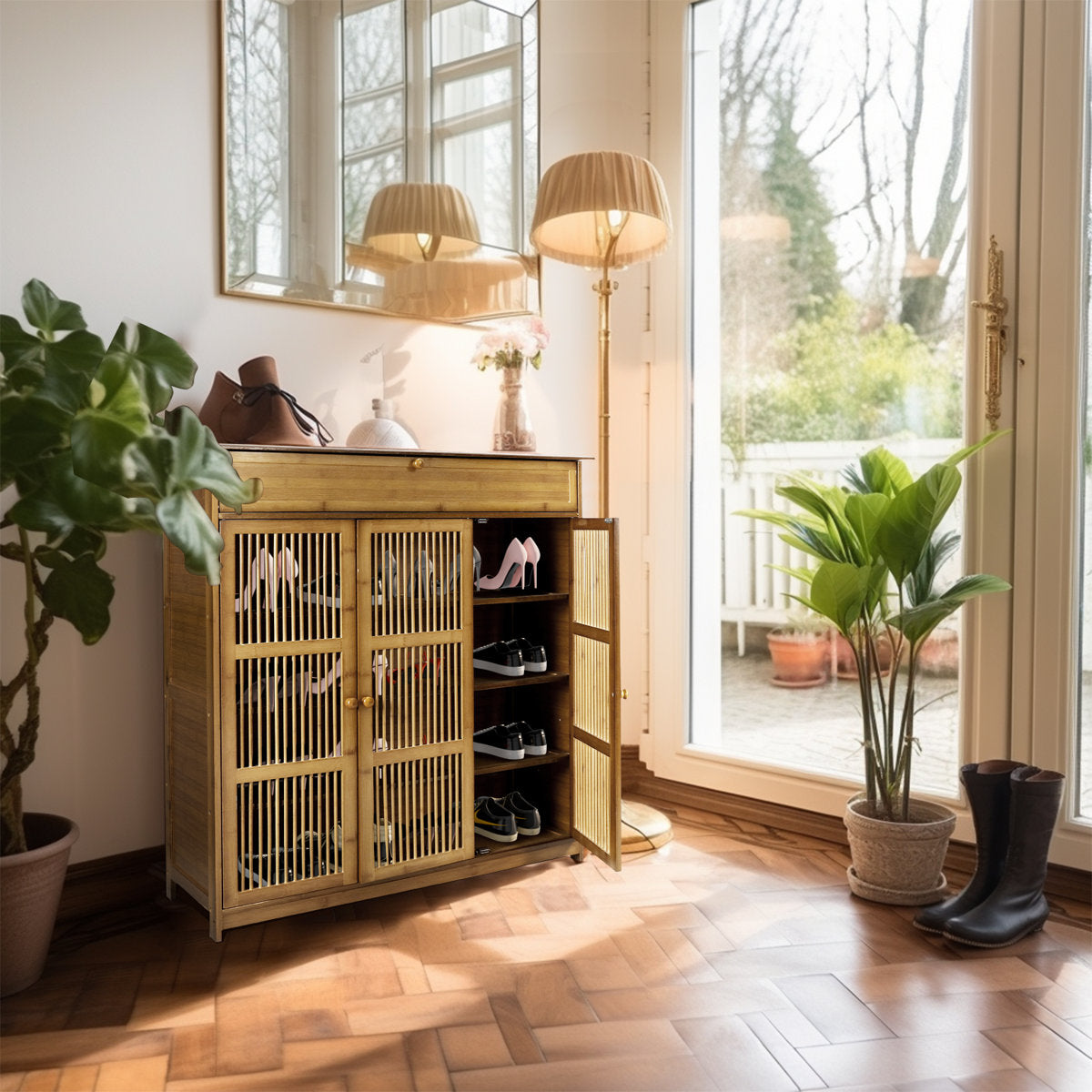 Vintage Wooden Shoe Cabinet with Slatted Doors – 3-Door Storage Rack (99×33×98 cm)