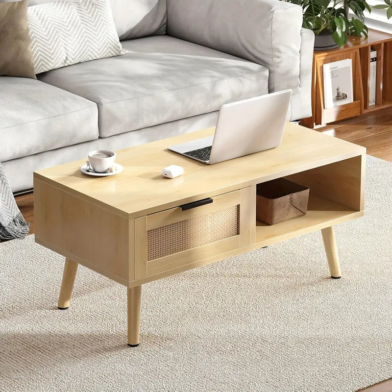 Wannacart Coffee Table With 1 Drawer And Open Storage Shelves, Modern Sofa Side Table End Table, Wood Small Sofa Table Beside Table For Living Room