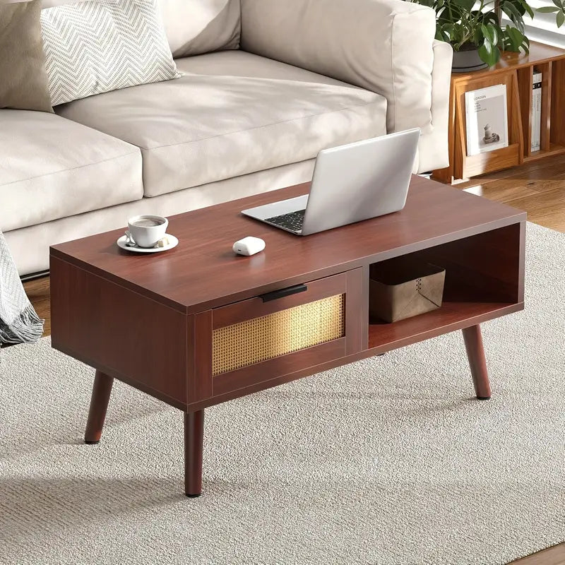 Wannacart Coffee Table With 1 Drawer And Open Storage Shelves, Modern Sofa Side Table End Table, Wood Small Sofa Table Beside Table For Living Room