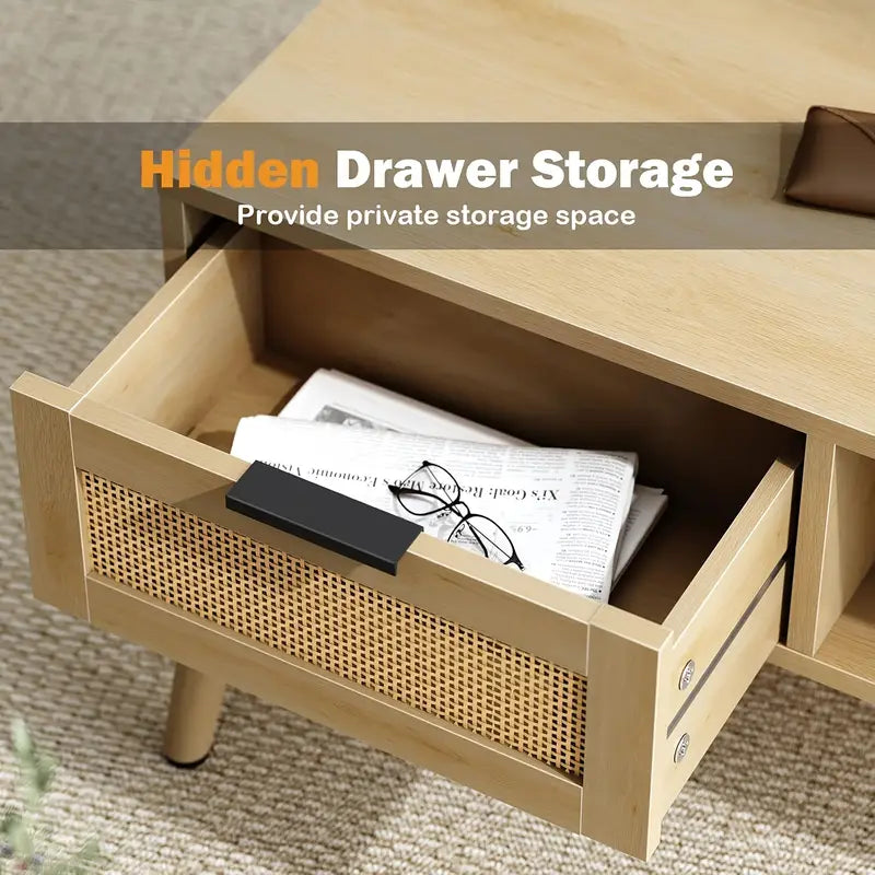 Wannacart Coffee Table With 1 Drawer And Open Storage Shelves, Modern Sofa Side Table End Table, Wood Small Sofa Table Beside Table For Living Room