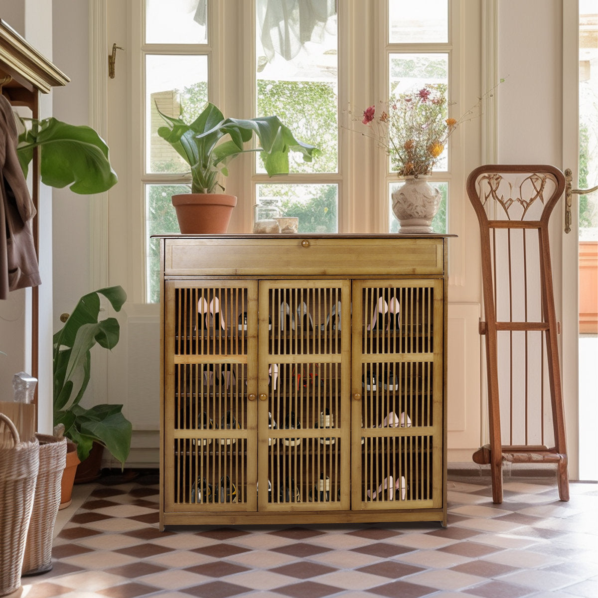 Vintage Wooden Shoe Cabinet with Slatted Doors – 3-Door Storage Rack (99×33×98 cm)