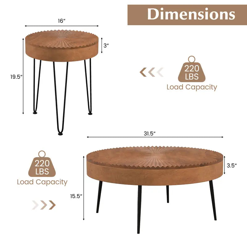Wannacart Designer Round Coffee Table Set – Textured Wooden Top with Metal Legs (Modern Dual Table Combo)