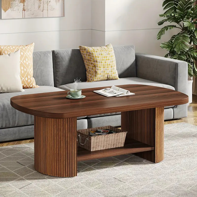 Wannacart Modern Walnut Coffee Table – Oval Edge Center Table with Storage Shelf