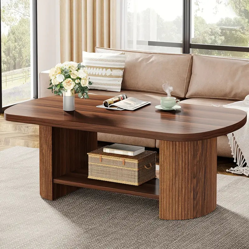 Wannacart Modern Walnut Coffee Table – Oval Edge Center Table with Storage Shelf