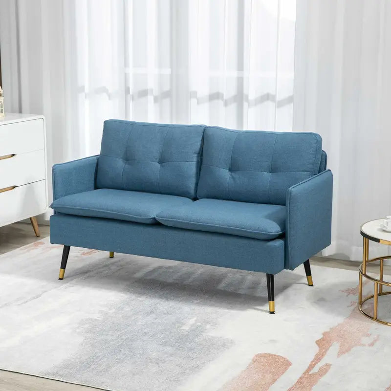 Compact 2-Seater Modern Blue Fabric Sofa with Cushioned Backrest & Gold