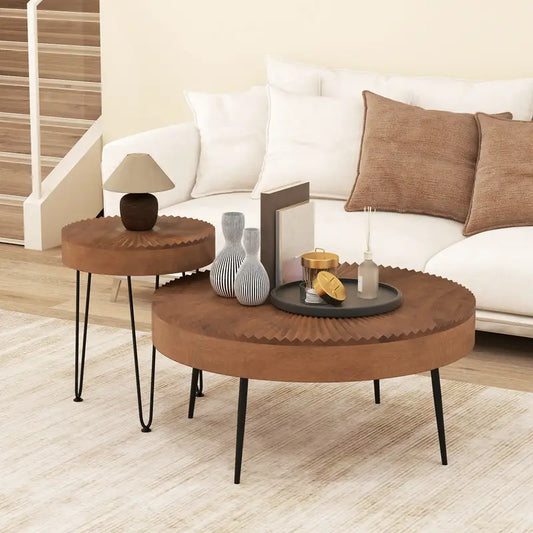 Wannacart Designer Round Coffee Table Set – Textured Wooden Top with Metal Legs (Modern Dual Table Combo)