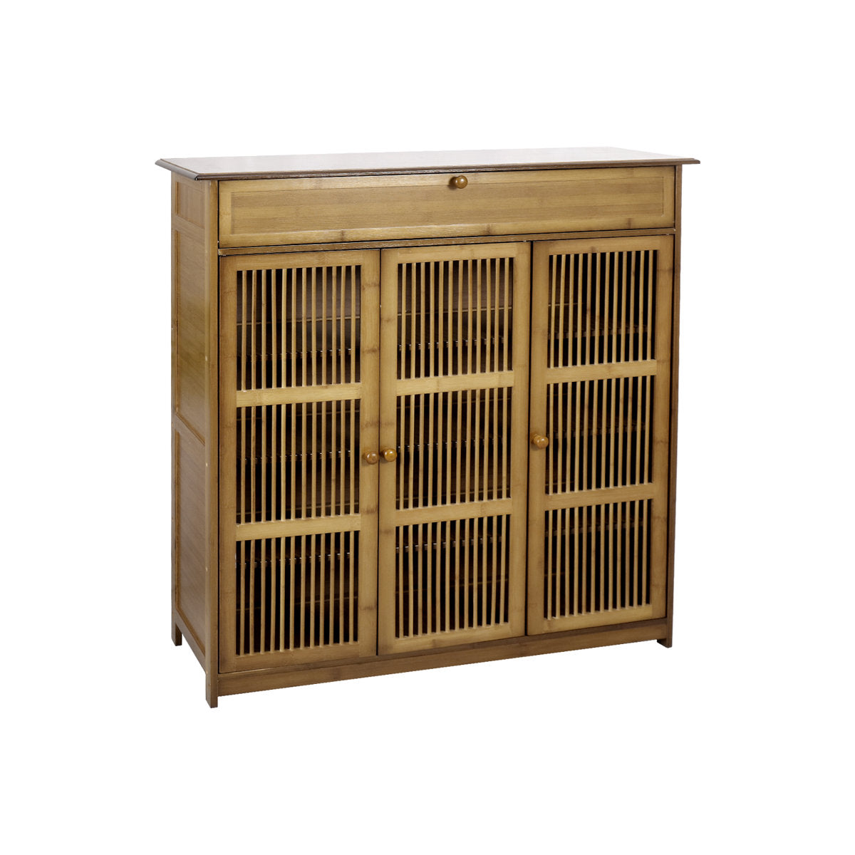 Vintage Wooden Shoe Cabinet with Slatted Doors – 3-Door Storage Rack (99×33×98 cm)