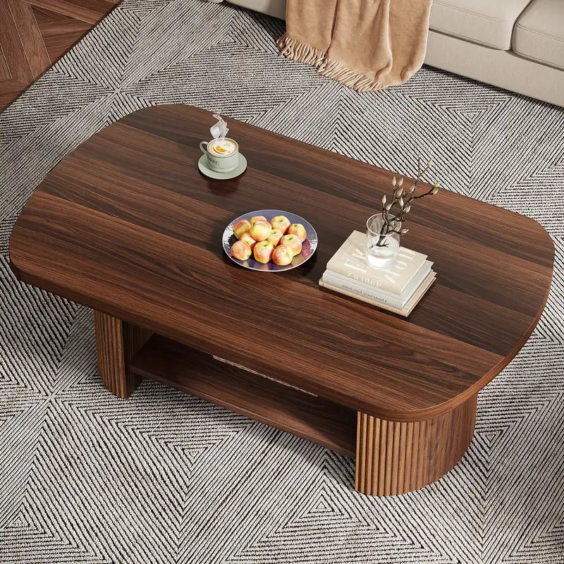 Wannacart Modern Walnut Coffee Table – Oval Edge Center Table with Storage Shelf