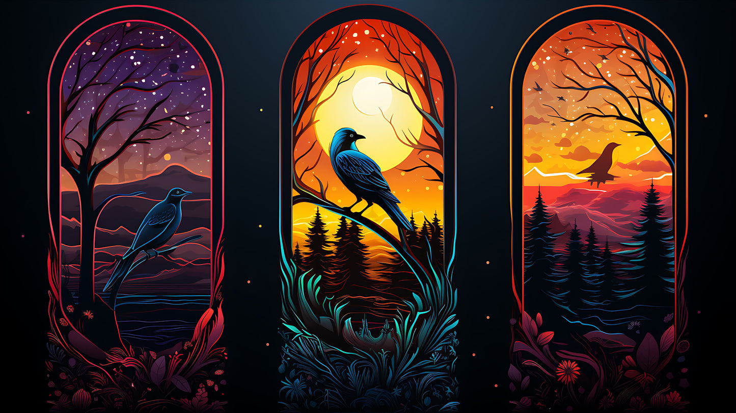 Mystic Raven Sunset - 3 Panel Wooden Wall Art for Home, Office & Hotel Decor (Vastu