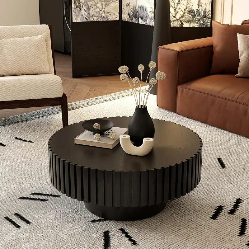 Wannacart Round Coffee Table Handcrafted Relief Sturdy Pedestal Wooden Olive Shaped Tea Table for Living Room