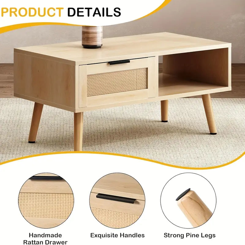 Wannacart Coffee Table With 1 Drawer And Open Storage Shelves, Modern Sofa Side Table End Table, Wood Small Sofa Table Beside Table For Living Room