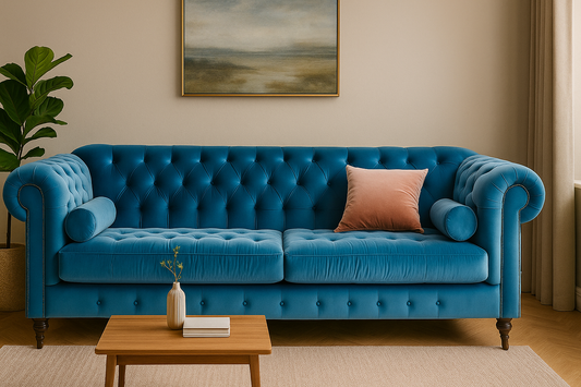 Royal Blue Velvet Chesterfield Sofa – Classic Tufted Three-Seater with Bolster Cushions