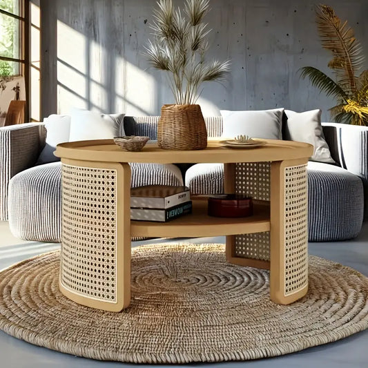 Round Wooden Coffee Table with Rattan Cane Detailing – Natural Finish | by Wannacart