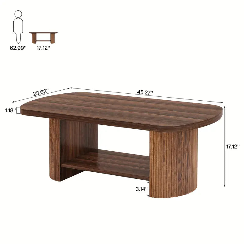 Wannacart Modern Walnut Coffee Table – Oval Edge Center Table with Storage Shelf