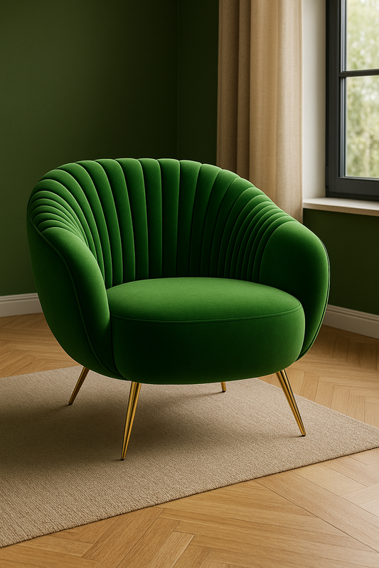 Emerald Green Velvet Shell Accent Chair – Luxe Modern Lounge Seating with Gold Legs