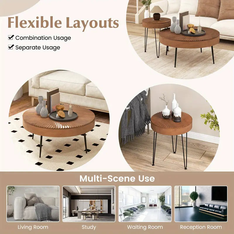 Wannacart Designer Round Coffee Table Set – Textured Wooden Top with Metal Legs (Modern Dual Table Combo)