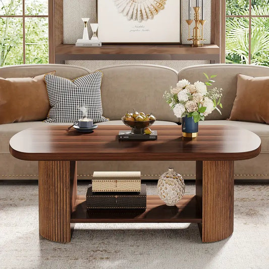 Wannacart Modern Walnut Coffee Table – Oval Edge Center Table with Storage Shelf