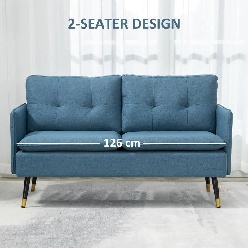 Compact 2-Seater Modern Blue Fabric Sofa with Cushioned Backrest & Gold
