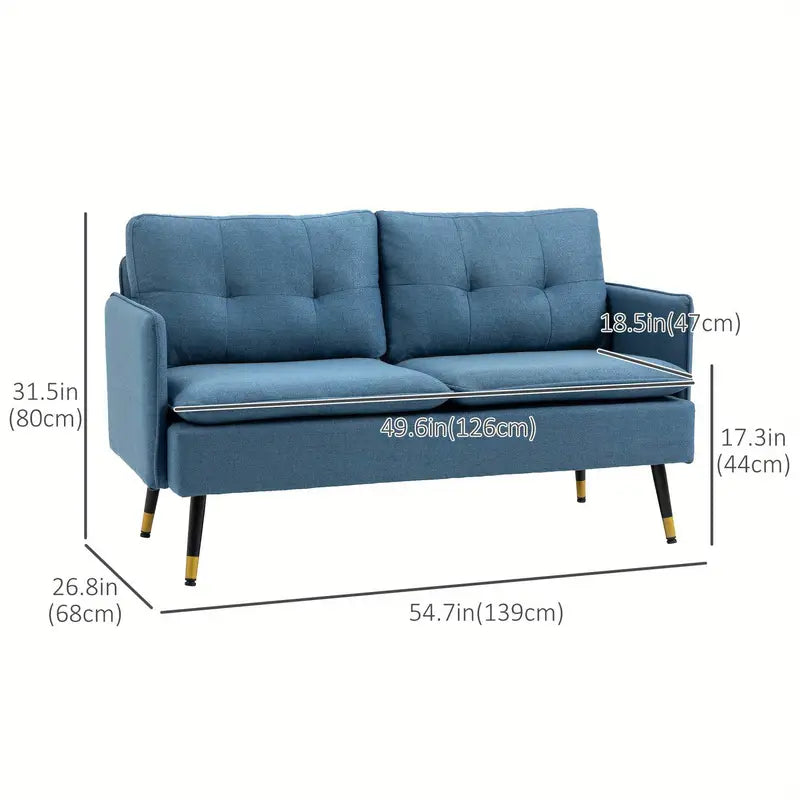 Compact 2-Seater Modern Blue Fabric Sofa with Cushioned Backrest & Gold