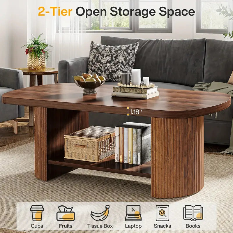 Wannacart Modern Walnut Coffee Table – Oval Edge Center Table with Storage Shelf