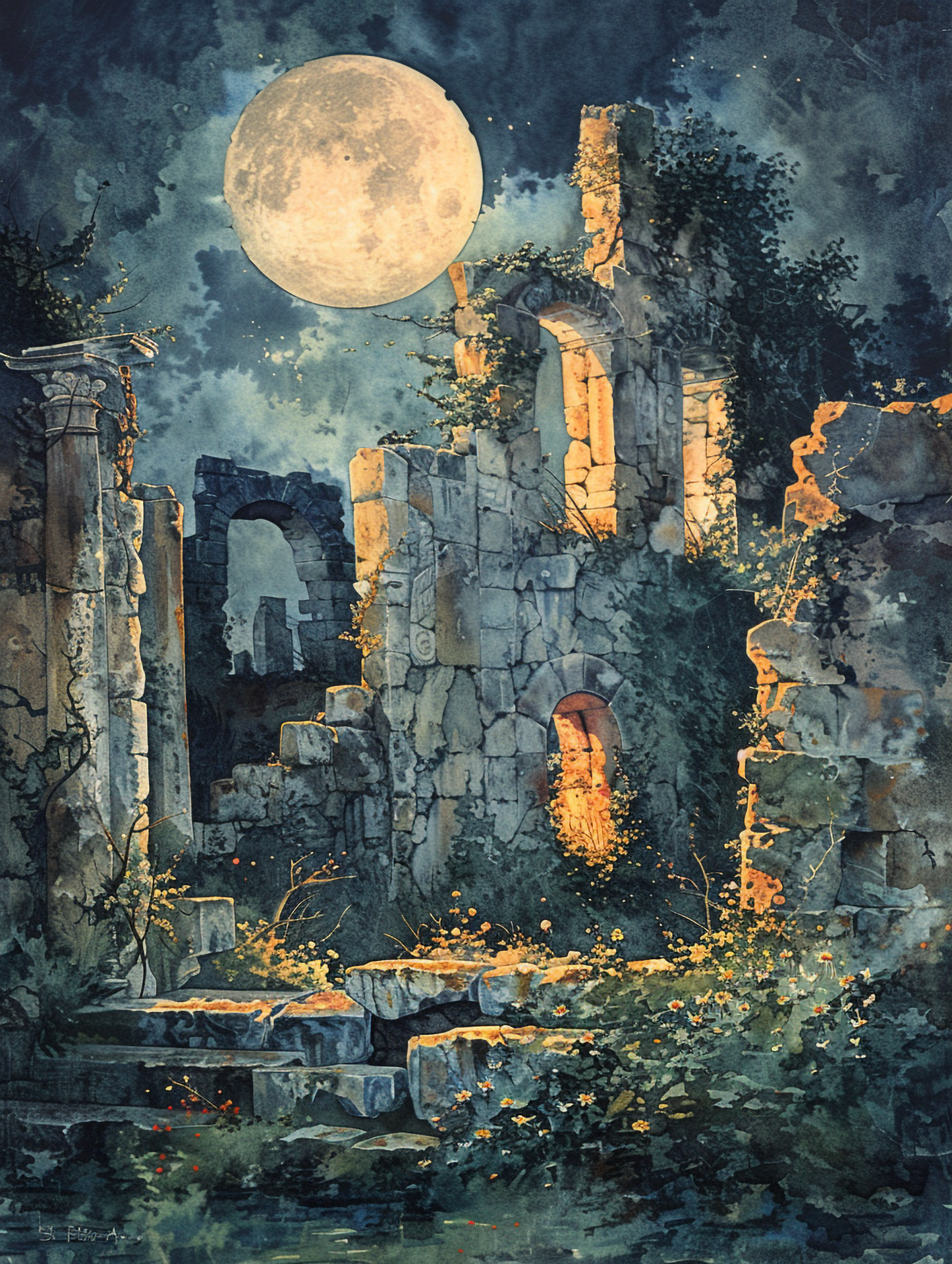 "Moonlit Ruins - Mystical Nightscape Wall Art"