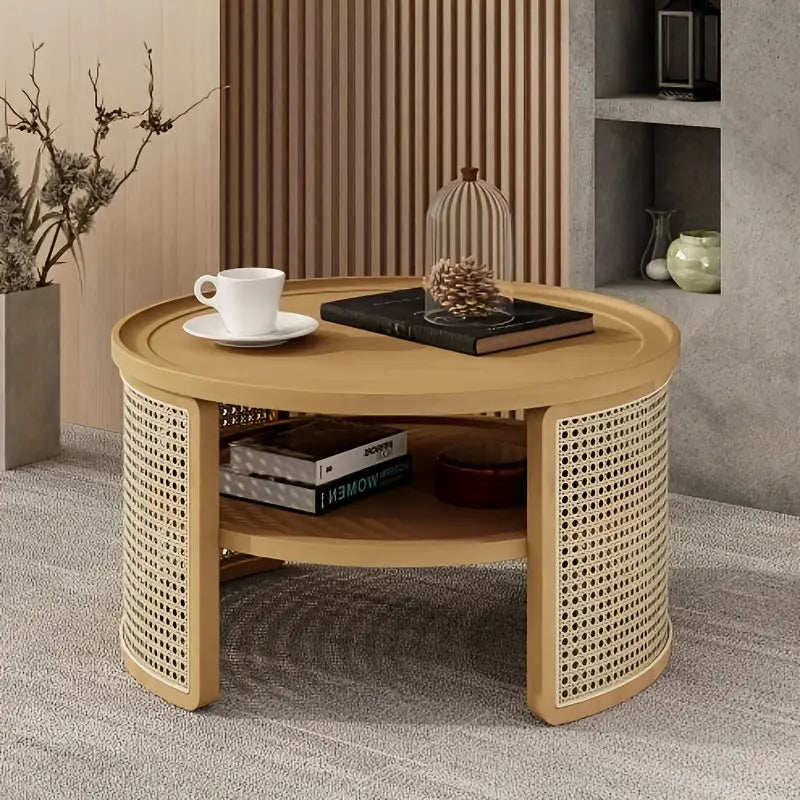 Round Wooden Coffee Table with Rattan Cane Detailing – Natural Finish | by Wannacart