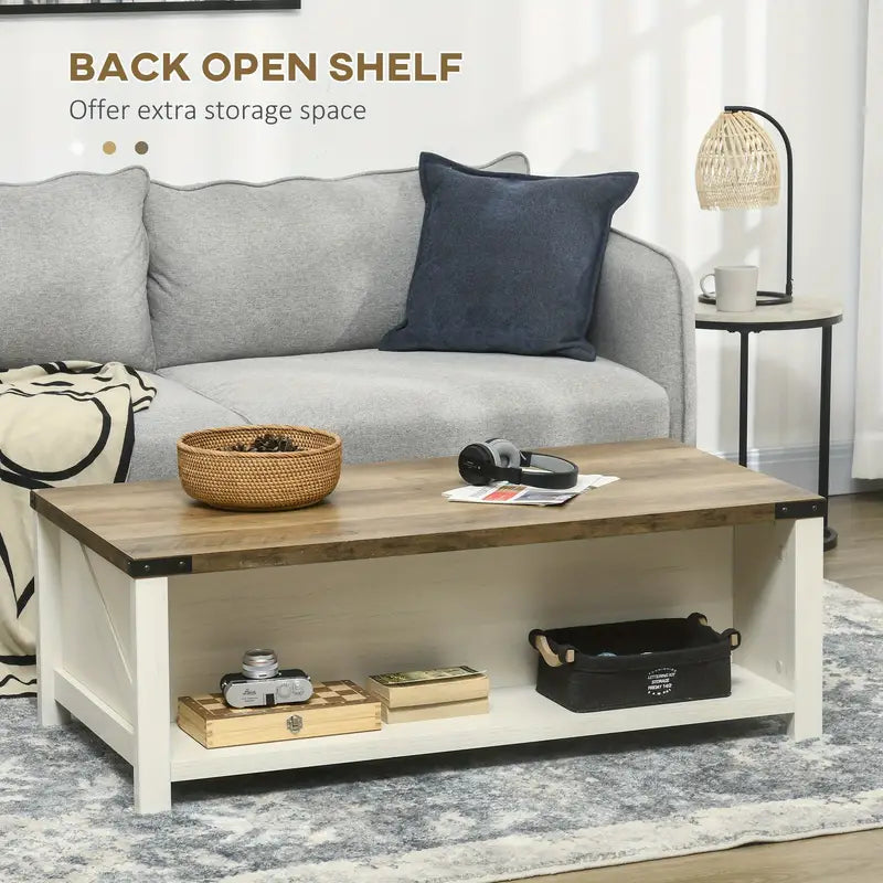 Rustic Elegance Coffee Table – White Body with Natural Wood Top & Storage