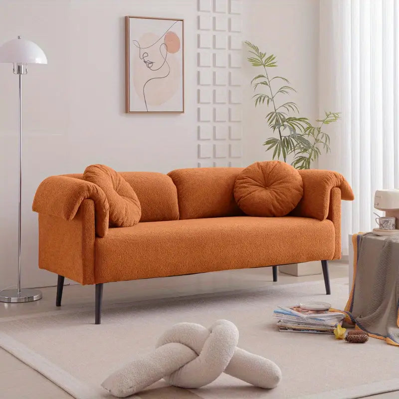 Modern Terracotta Bouclé Fabric 2-Seater Sofa with Rolled Armrests & Round Cushions