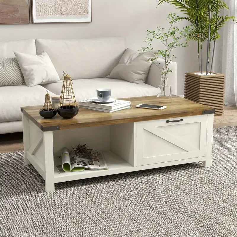 Rustic Elegance Coffee Table – White Body with Natural Wood Top & Storage