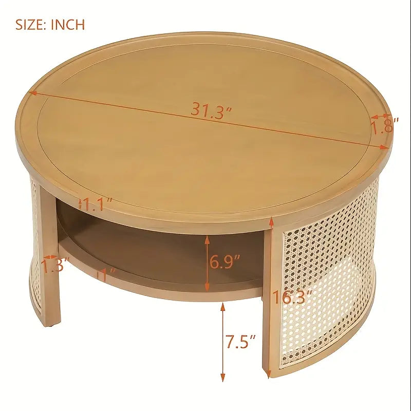 Round Wooden Coffee Table with Rattan Cane Detailing – Natural Finish | by Wannacart