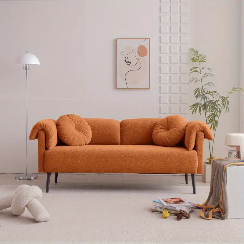 Modern Terracotta Bouclé Fabric 2-Seater Sofa with Rolled Armrests & Round Cushions