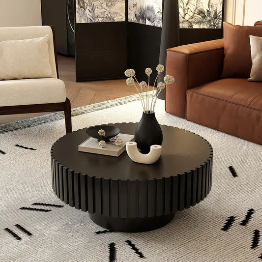 Wannacart Round Coffee Table Handcrafted Relief Sturdy Pedestal Wooden Olive Shaped Tea Table for Living Room