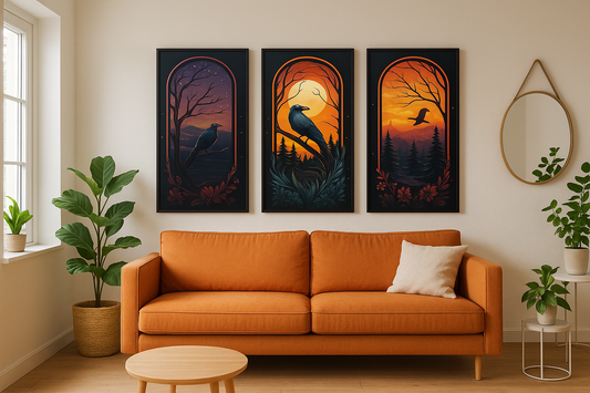 Mystic Raven Sunset - 3 Panel Wooden Wall Art for Home, Office & Hotel Decor (Vastu