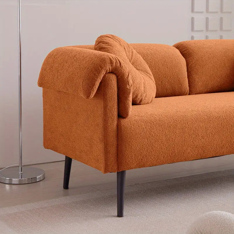 Modern Terracotta Bouclé Fabric 2-Seater Sofa with Rolled Armrests & Round Cushions