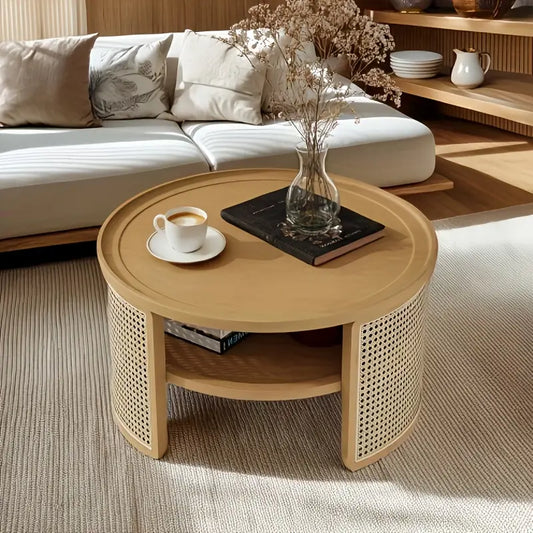 Round Wooden Coffee Table with Rattan Cane Detailing – Natural Finish | by Wannacart