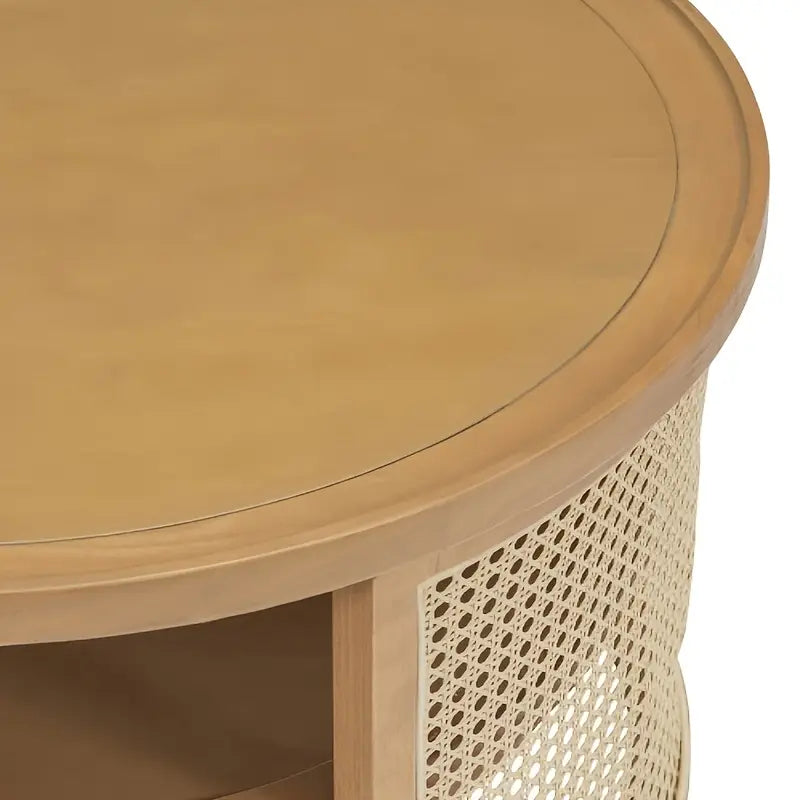 Round Wooden Coffee Table with Rattan Cane Detailing – Natural Finish | by Wannacart