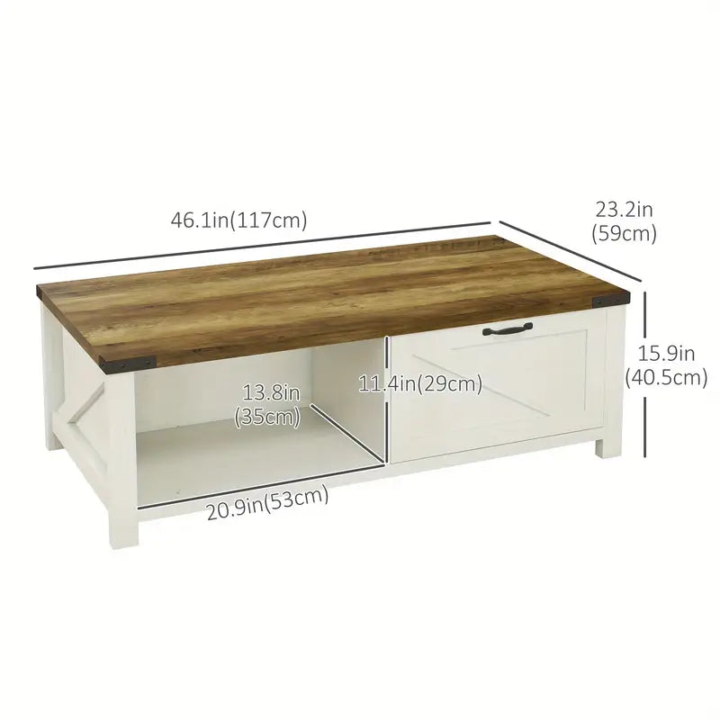 Rustic Elegance Coffee Table – White Body with Natural Wood Top & Storage