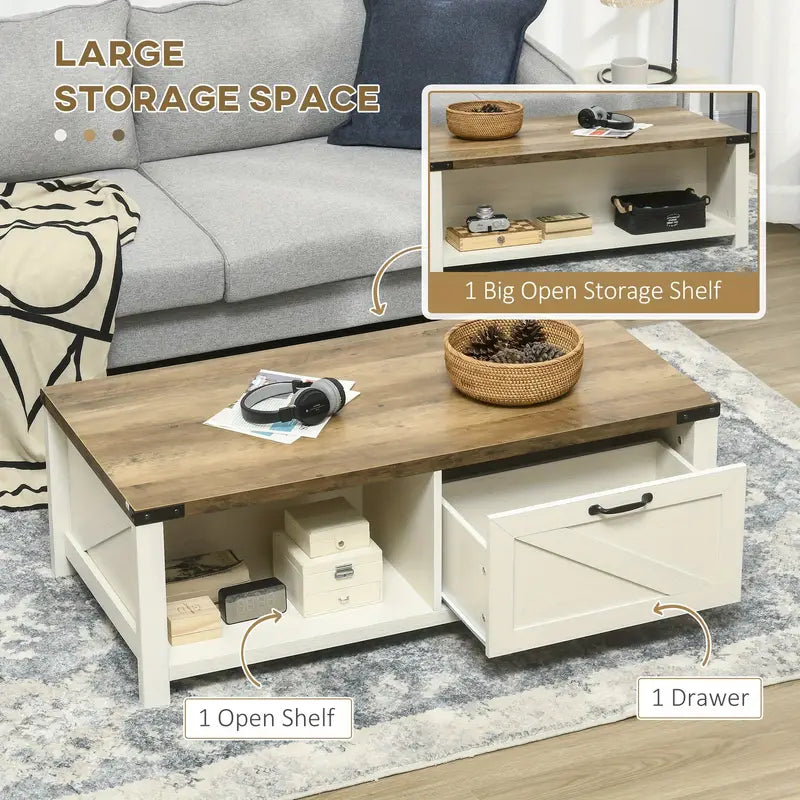 Rustic Elegance Coffee Table – White Body with Natural Wood Top & Storage
