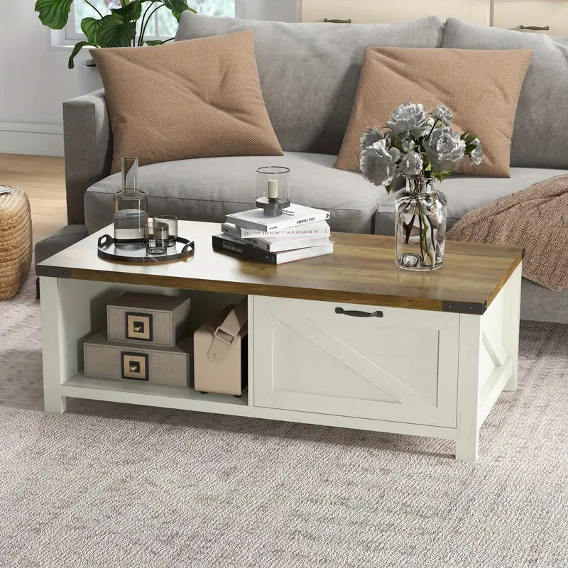 Rustic Elegance Coffee Table – White Body with Natural Wood Top & Storage