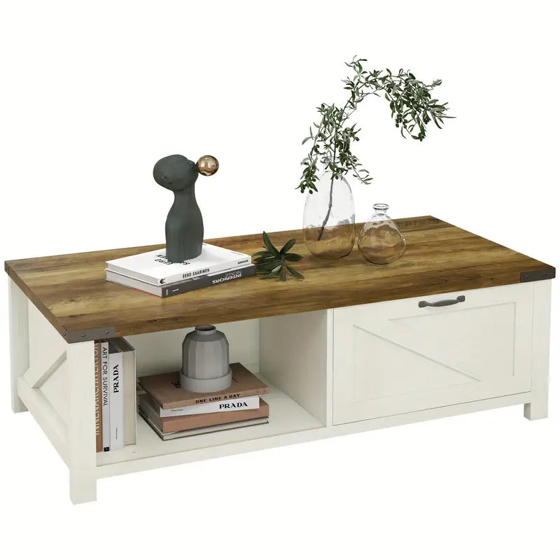Rustic Elegance Coffee Table – White Body with Natural Wood Top & Storage