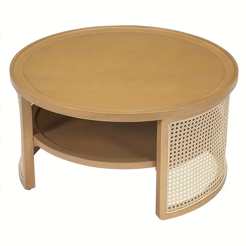 Round Wooden Coffee Table with Rattan Cane Detailing – Natural Finish | by Wannacart